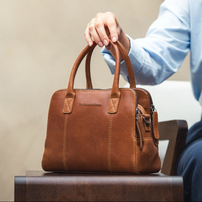Styled Fit Perspective of Ezra Full-Grain Leather Handbag on Model - Natural Daylight Drape