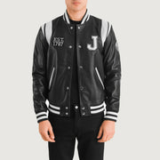 
Liberte New Jersey Чорний Leather Varsity Шкіряна куртка для Чоловіків in Black & White Sheepskin Leather - Вигляд спереду та приталений силует | Купити в офіційному онлайн-магазині