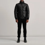 
Lucas Blue Leather Puffer Bomber Jacket - Вигляд збоку з ергономічним кроєм рукава