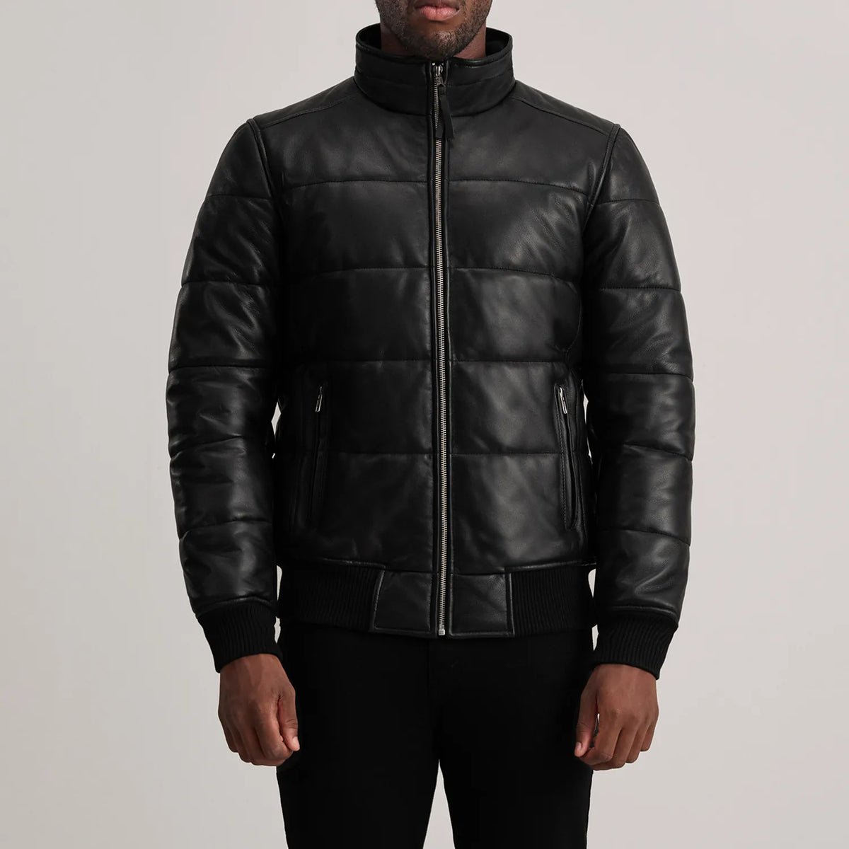 
Крупний план деталей of High neck & Zipper Hardware on Lucas Blue Leather Puffer Bomber Jacket