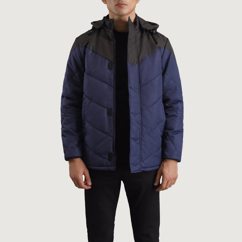 Luka Чорний & Синій Hooded Puffer Шкіряна куртка для Чоловіків