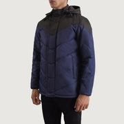 
Black & Blue Full-Grain Leather Hooded Jacket - Вигляд ззаду з ідеальною посадкою по плечах та рівним подолом