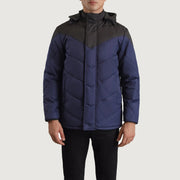 
Крупний план деталей of Classic Collar & Zipper With Velcro Placket Hardware on Luka Чорний & Синій Hooded Puffer Шкіряна куртка для Чоловіків