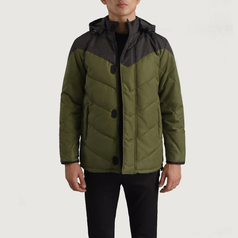 Luka Чорний & Оливковий Hooded Puffer Шкіряна куртка для Чоловіків