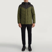 
Luka Чорний & Оливковий Hooded Puffer Шкіряна куртка для Чоловіків - Вигляд збоку з ергономічним кроєм рукава