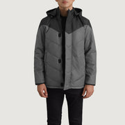 
Luka Чорний & Grey Hooded Puffer Шкіряна куртка для Чоловіків - Вигляд збоку з ергономічним кроєм рукава