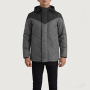 
Крупний план деталей of Classic Collar & Zipper With Velcro Placket Hardware on Luka Чорний & Grey Hooded Puffer Шкіряна куртка для Чоловіків