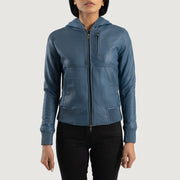 
Крупний план деталей of Hooded & Zipper Hardware on Luna Blue Hooded Leather Bomber Jacket