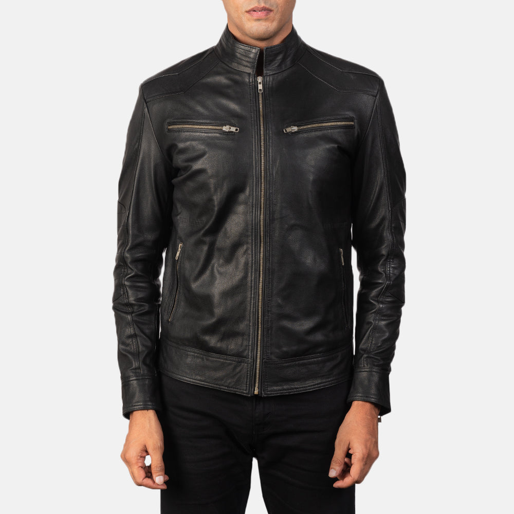 Close-Up Detail of Band &amp; Zipper Hardware on Men's Mack Black Leather Biker Jacket