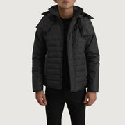 
Malcolm Чорний Hooded Puffer Шкіряна куртка для Чоловіків у натуральній чорній воловій шкірі - Вигляд спереду та приталений силует | Купити в офіційному онлайн-магазині