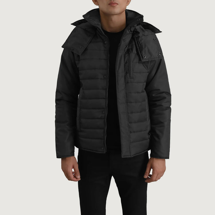 Malcolm Чорний Hooded Puffer Шкіряна куртка для Чоловіків