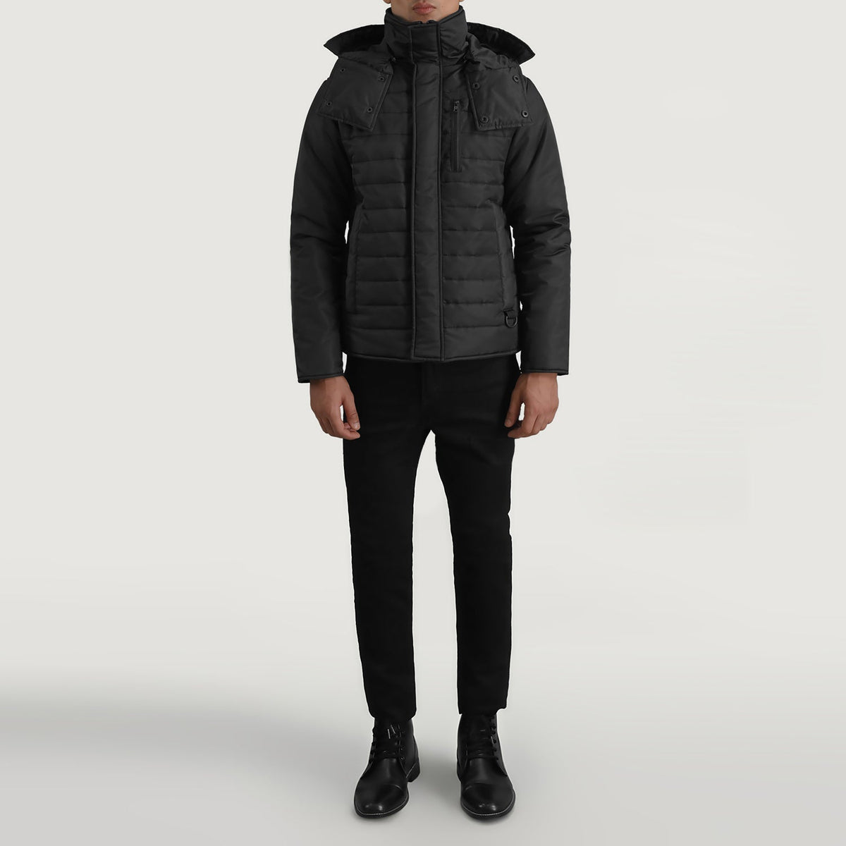 
Malcolm Чорний Hooded Puffer Шкіряна куртка для Чоловіків - Вигляд збоку з ергономічним кроєм рукава