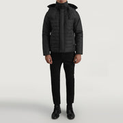 
Malcolm Чорний Hooded Puffer Шкіряна куртка для Чоловіків - Вигляд збоку з ергономічним кроєм рукава
