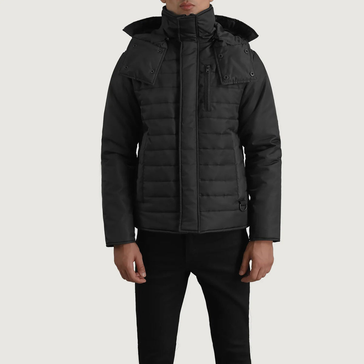 
Крупний план деталей of Classic Collar & Zipper With Placket Hardware on Malcolm Чорний Hooded Puffer Шкіряна куртка для Чоловіків