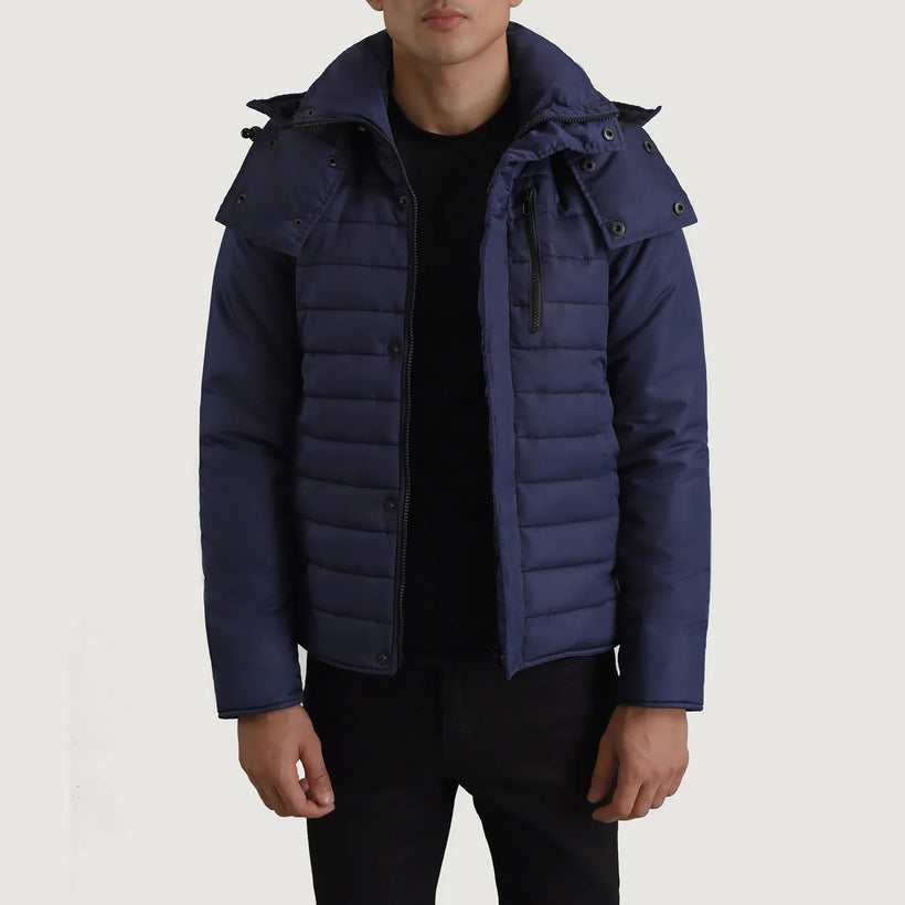 Malcolm Синій Hooded Puffer Шкіряна куртка для Чоловіків