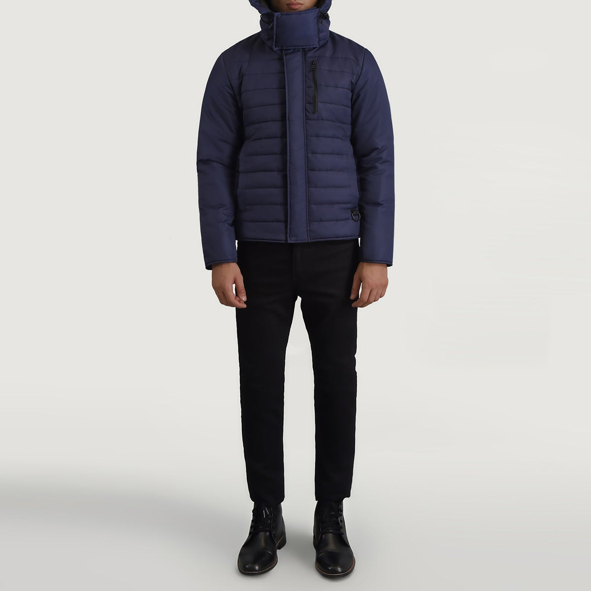 
Malcolm Синій Hooded Puffer Шкіряна куртка для Чоловіків - Вигляд збоку з ергономічним кроєм рукава