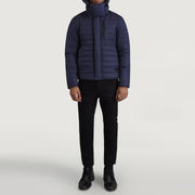 
Malcolm Синій Hooded Puffer Шкіряна куртка для Чоловіків - Вигляд збоку з ергономічним кроєм рукава