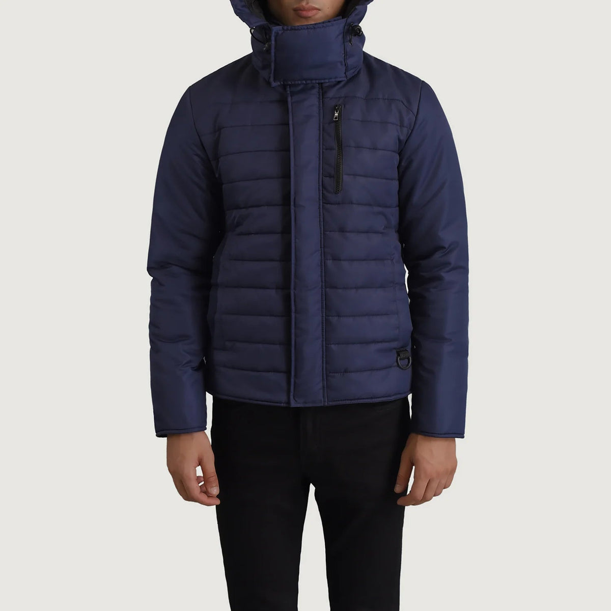 
Крупний план деталей of Classic Collar & Zipper With Placket Hardware on Malcolm Синій Hooded Puffer Шкіряна куртка для Чоловіків