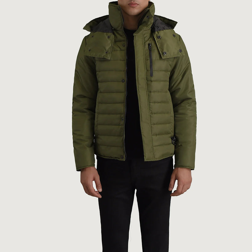 Malcolm Оливковий Hooded Puffer Шкіряна куртка для Чоловіків
