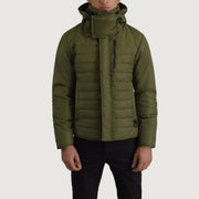 
Malcolm Оливковий Hooded Puffer Шкіряна куртка для Чоловіків - Вигляд збоку з ергономічним кроєм рукава