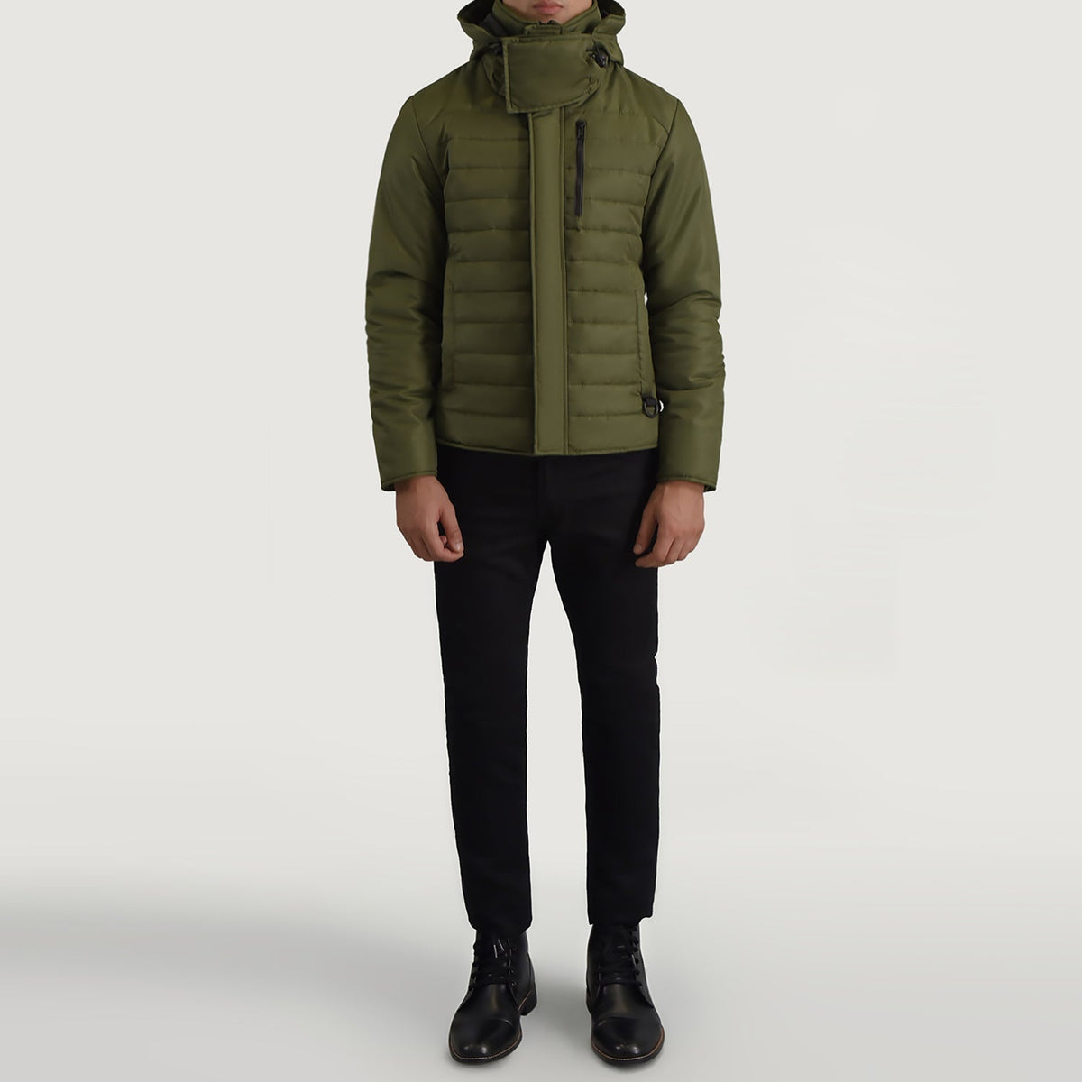 
Крупний план деталей of Classic Collar & Zipper With Placket Hardware on Malcolm Оливковий Hooded Puffer Шкіряна куртка для Чоловіків