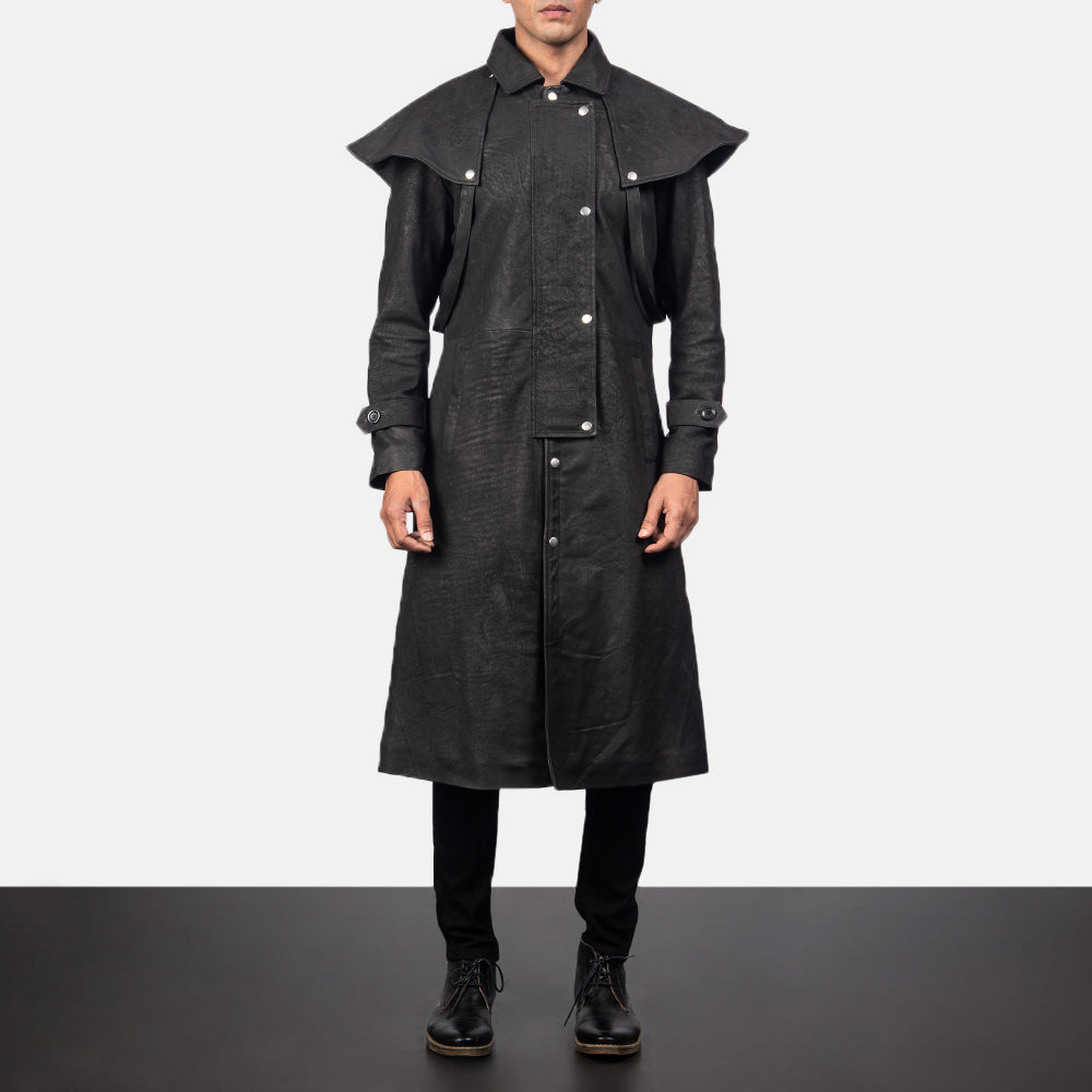 
Maverick Чорний Leather Duster для Чоловіків in Distressed Black Sheepskin Snuffed - Вигляд спереду та приталений силует | Купити в офіційному онлайн-магазині