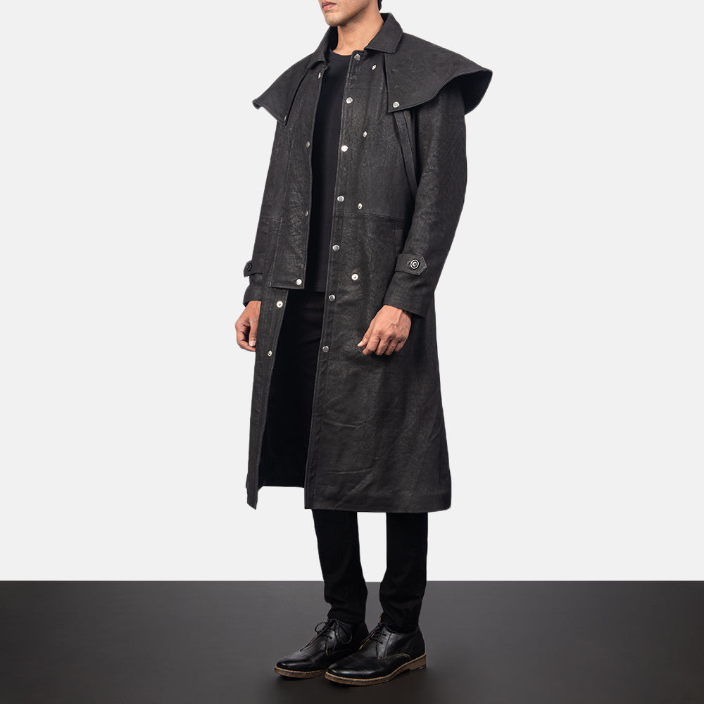 
Distressed Black Sheepskin Snuffed Trench Coat - Вигляд ззаду з ідеальною посадкою по плечах та рівним подолом