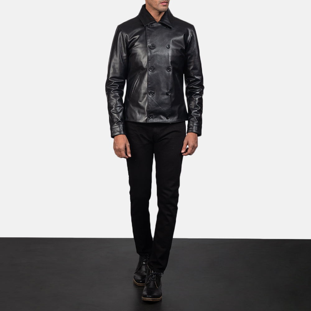 
Mod Чорний Leather Peacoat для Чоловіків - Вигляд збоку з ергономічним кроєм рукава