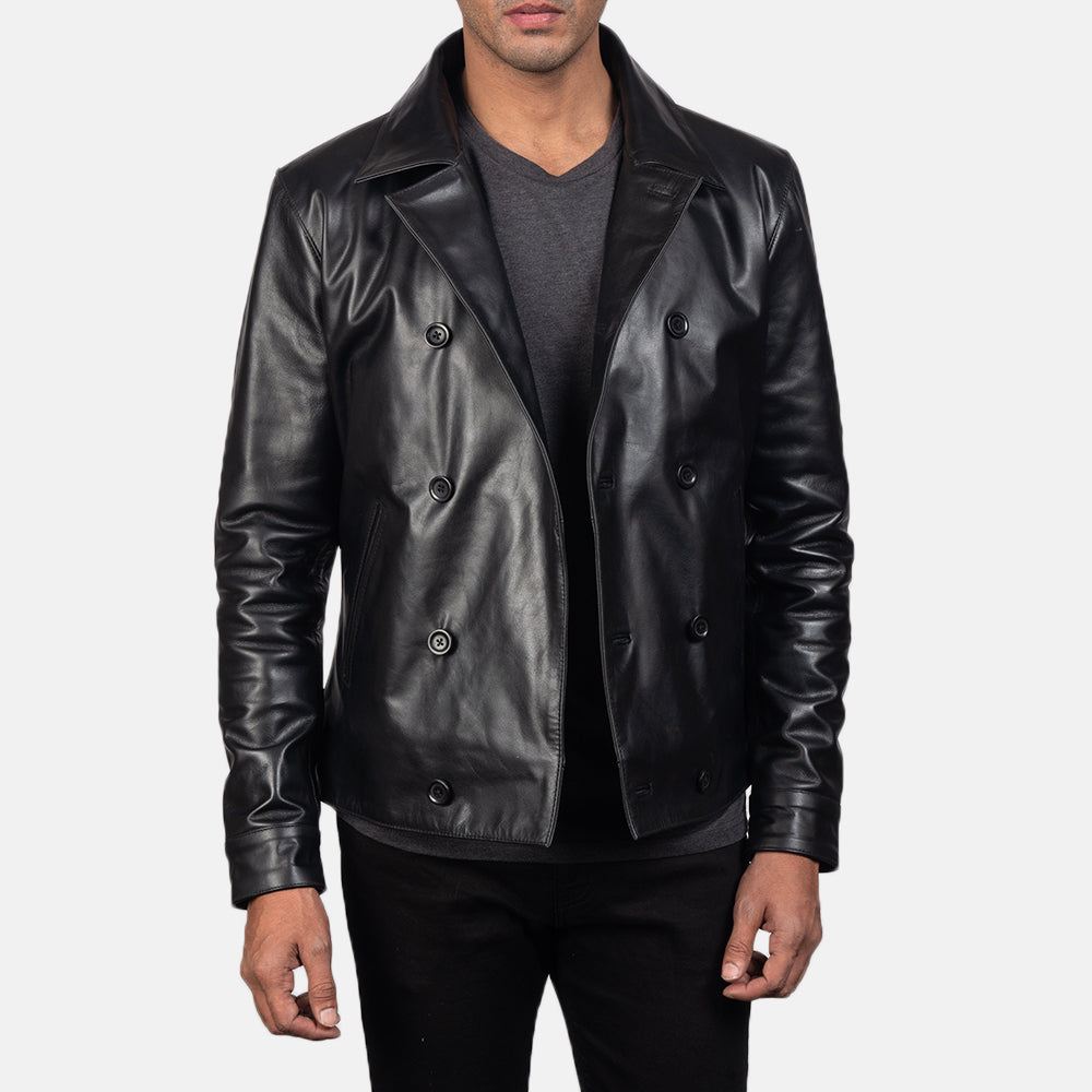 
Крупний план деталей of Notch & Buttons Hardware on Mod Чорний Leather Peacoat для Чоловіків