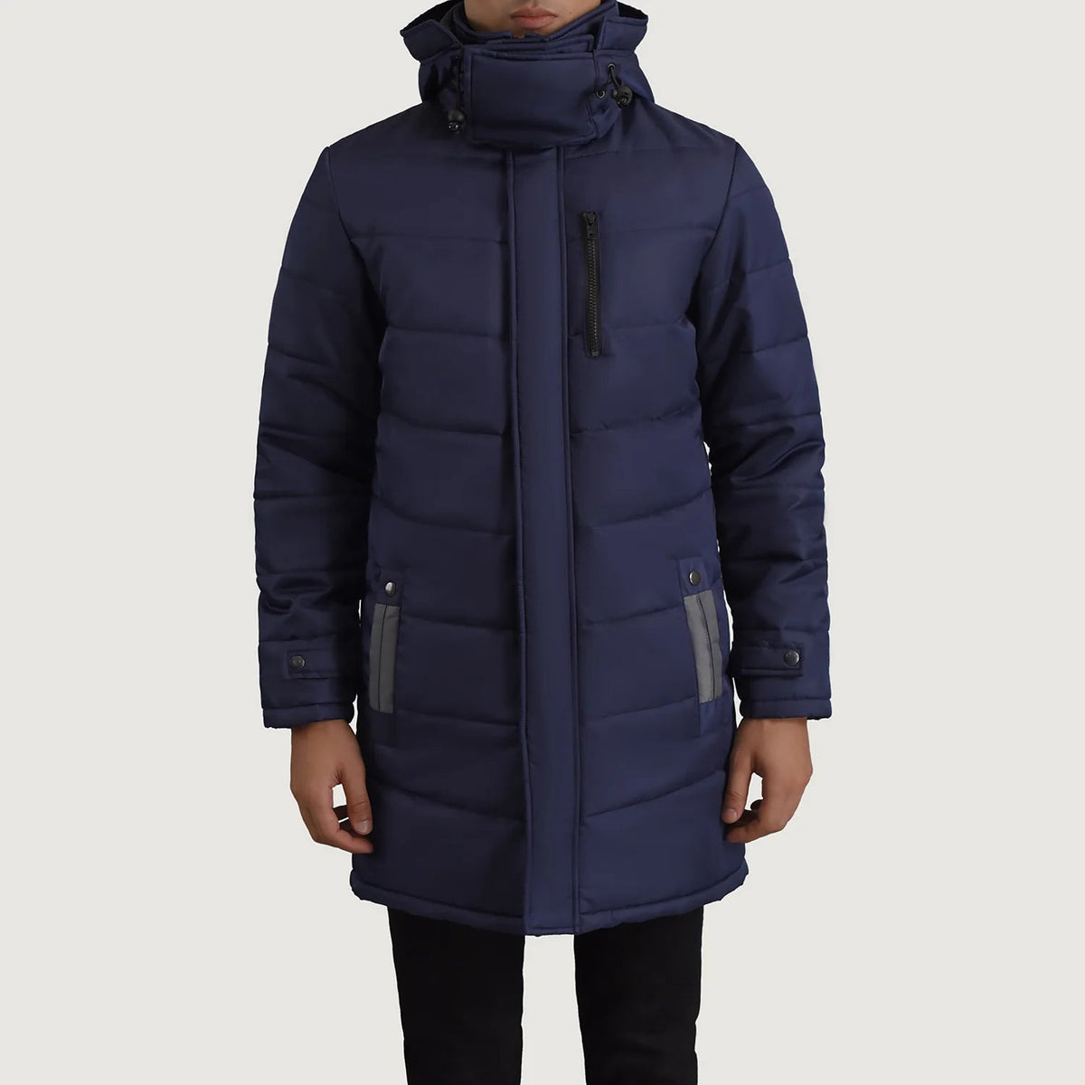 
Крупний план деталей of Classic Collar & Zipper With Snap Button Placket Hardware on Moore Синій Hooded Parka для Чоловіків