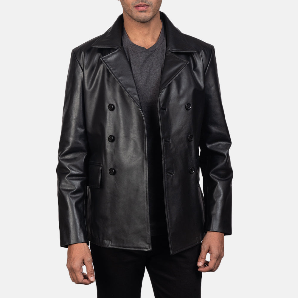 
Крупний план деталей of Notch & Buttons Hardware on Mr. Bailey Чорний Leather Naval Peacoat для Чоловіків