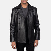 
Крупний план деталей of Notch & Buttons Hardware on Mr. Bailey Чорний Leather Naval Peacoat для Чоловіків