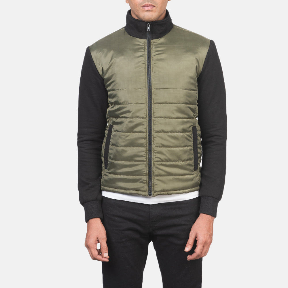 
Крупний план деталей of High Neck & Zipper with wind flap Hardware on Nashville Стьобаний Оливковий Windbreaker Шкіряна куртка для Чоловіків