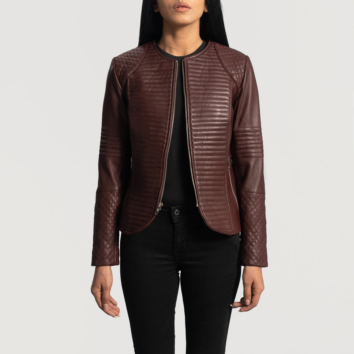 
Nexi Quilted Maroon Leather Jacket - Вигляд збоку з ергономічним кроєм рукава