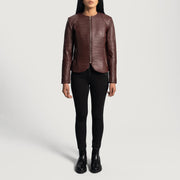 
Крупний план деталей of Classic Collar & Zipper Hardware on Nexi Quilted Maroon Leather Jacket