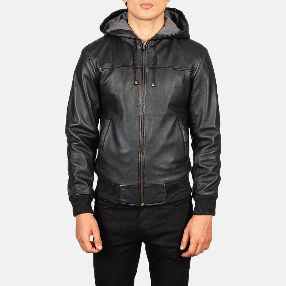 
Крупний план деталей of Hooded & Zipper Hardware on Nintenzo Black Hooded Leather Jacket