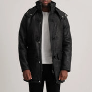 
Nolan Black Snuffed Leather Duffle Coat in Distressed Black Sheepskin Snuffed - Вигляд спереду та приталений силует | Купити в офіційному онлайн-магазині