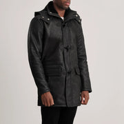 
Distressed Black Sheepskin Snuffed Hooded Jacket - Вигляд ззаду з ідеальною посадкою по плечах та рівним подолом