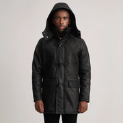 
Крупний план деталей of Band collar & Zipper with Toggle button Hardware on Nolan Black Snuffed Leather Duffle Coat
