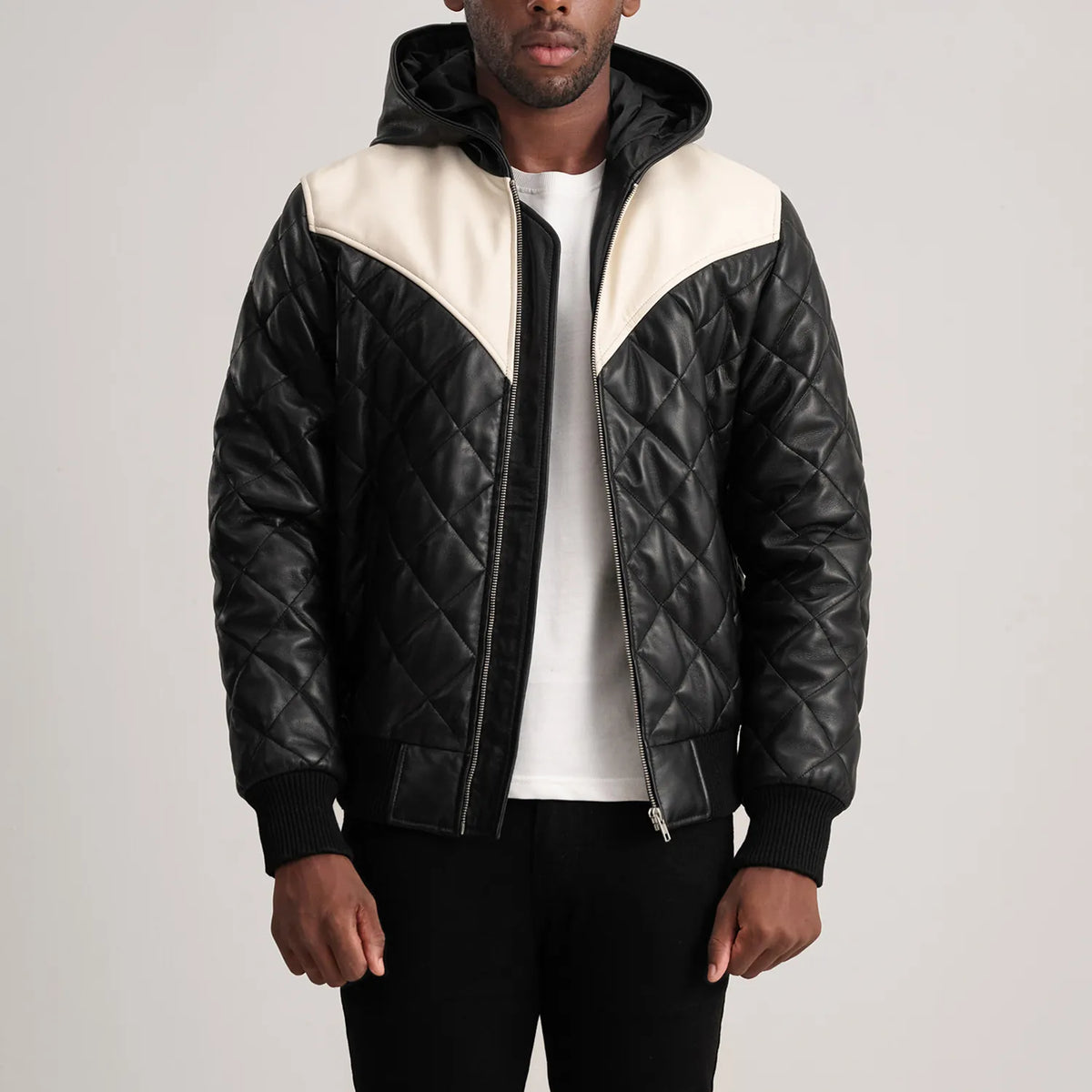 
Norman Tan Hooded Bomber Leather Puffer Jacket in Tan Brown Sheepskin Leather - Вигляд спереду та приталений силует | Купити в офіційному онлайн-магазині