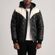 
Norman Tan Hooded Bomber Leather Puffer Jacket in Tan Brown Sheepskin Leather - Вигляд спереду та приталений силует | Купити в офіційному онлайн-магазині