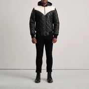 
Norman Tan Hooded Bomber Leather Puffer Jacket - Вигляд збоку з ергономічним кроєм рукава
