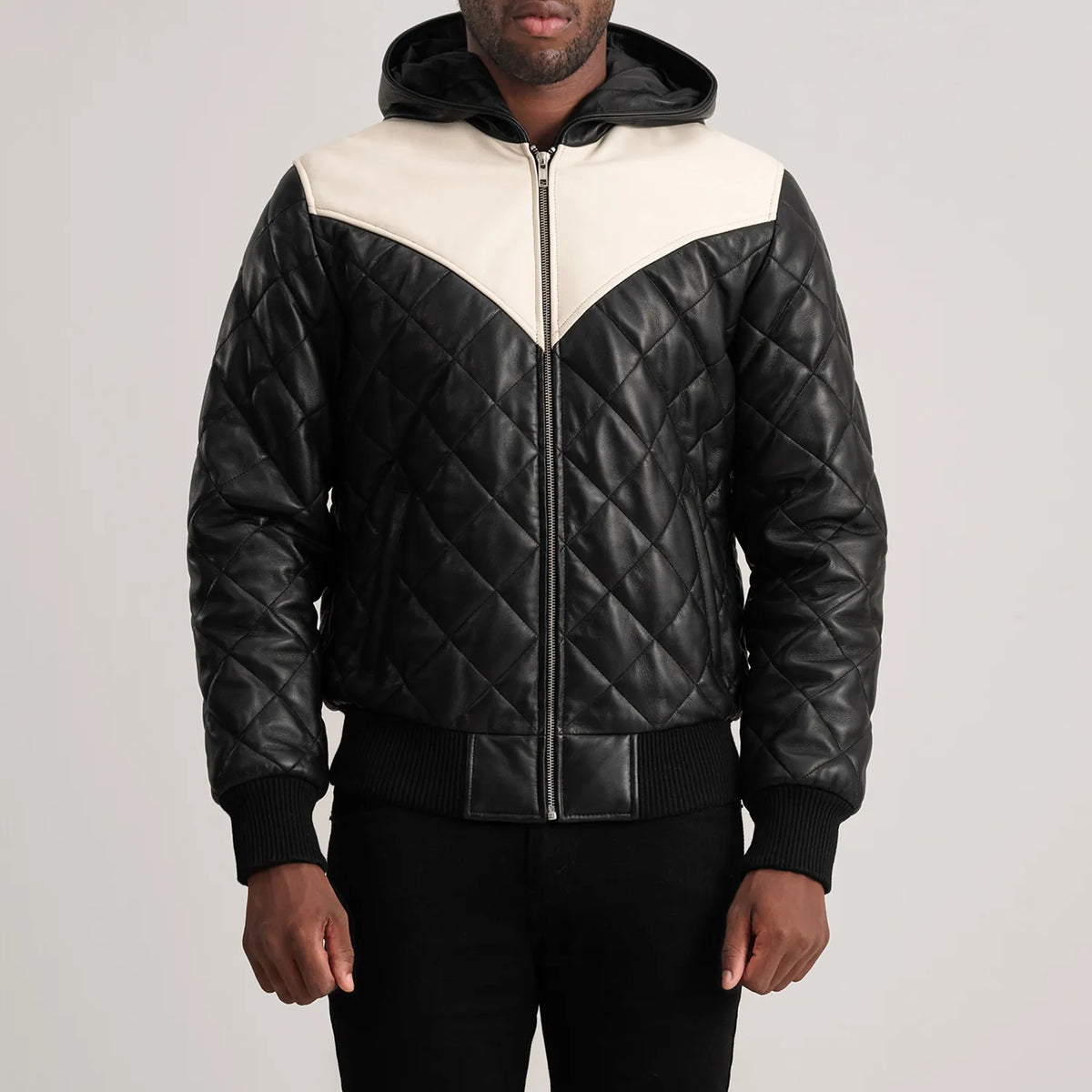 
Крупний план деталей of Hooded & Zipper Hardware on Norman Tan Hooded Bomber Leather Puffer Jacket