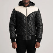 
Крупний план деталей of Hooded & Zipper Hardware on Norman Tan Hooded Bomber Leather Puffer Jacket