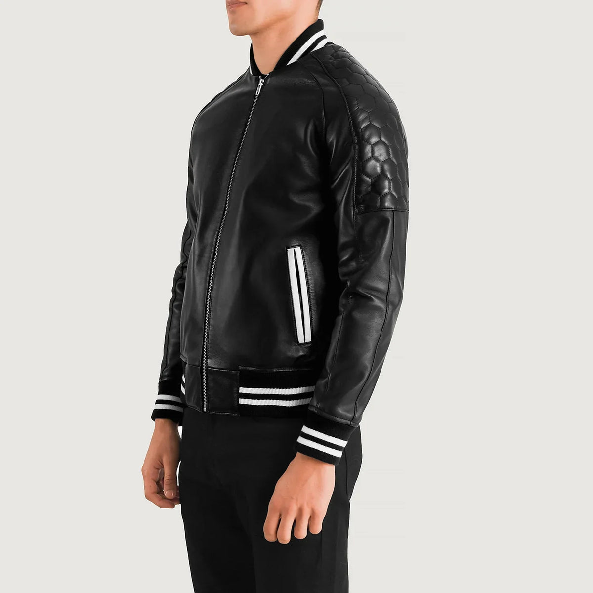 Black Sheepskin Leather Varsity Jacket - Back View Showing Tailored Shoulder Fit &amp; Clean Hemline