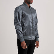 
Grey Satin Bomber Jacket - Вигляд ззаду з ідеальною посадкою по плечах та рівним подолом