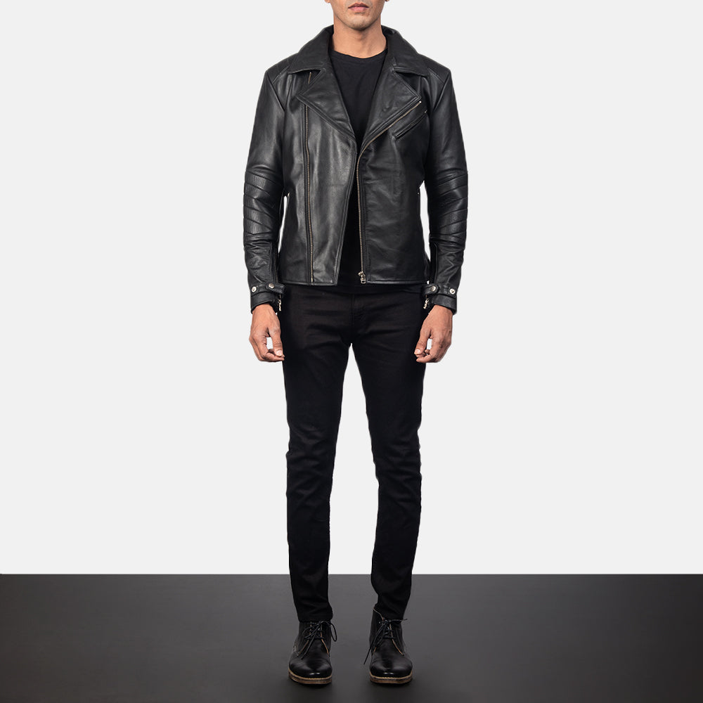 Raiden Black Leather Biker Jacket - Lateral Side Profile View Showing Sleeve Cut &amp; Athletic Taper Fit