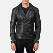 Close-Up Detail of Notch &amp; Zipper Hardware on Raiden Black Leather Biker Jacket