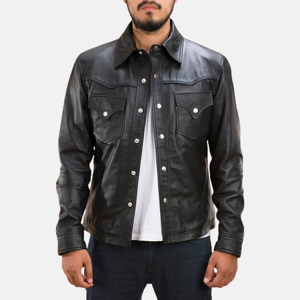 
Ranchson Чорний Leather Shirt для Чоловіків in Black Sheepskin Leather - Вигляд спереду та приталений силует | Купити в офіційному онлайн-магазині