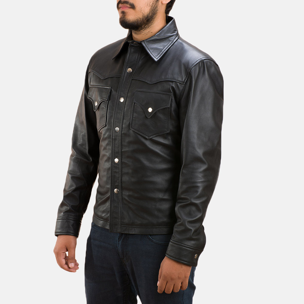 
Ranchson Чорний Leather Shirt для Чоловіків - Вигляд збоку з ергономічним кроєм рукава